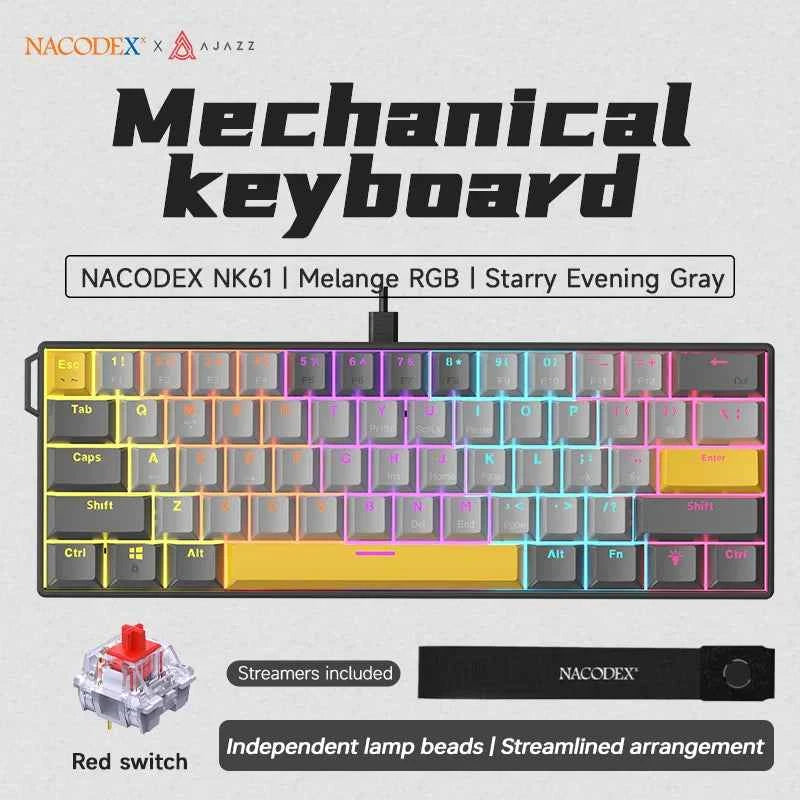 AJAZZ NK61 Wired Gaming Keyboard - 60% RGB Hot-Swappable Mini Mechanical Keyboard with 61 Keys and Red Switch for Gamers