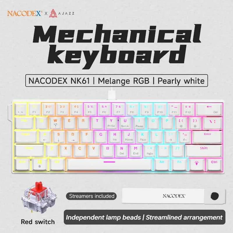 AJAZZ NK61 Wired Gaming Keyboard - 60% RGB Hot-Swappable Mini Mechanical Keyboard with 61 Keys and Red Switch for Gamers
