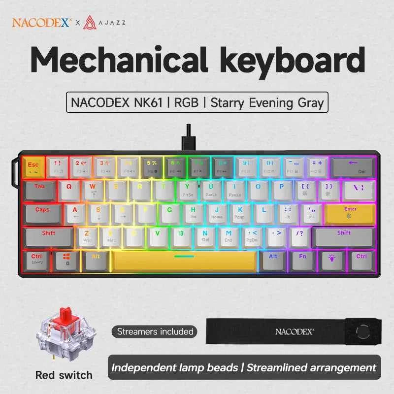 AJAZZ NK61 Wired Gaming Keyboard - 60% RGB Hot-Swappable Mini Mechanical Keyboard with 61 Keys and Red Switch for Gamers