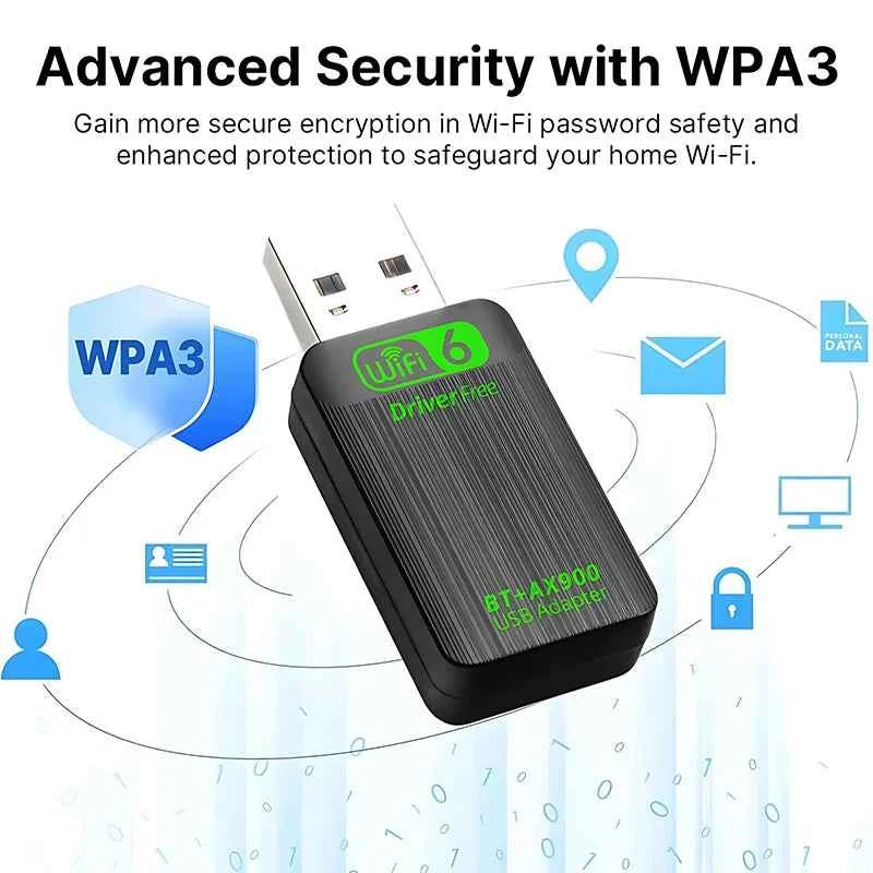 AX900 USB WiFi 6 Adapter - Dual Band 2.4G & 5GHz Wireless Network Dongle for Windows 10/11, Bluetooth 5.4, Driver Free