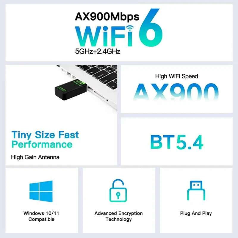 AX900 USB WiFi 6 Adapter - Dual Band 2.4G & 5GHz Wireless Network Dongle for Windows 10/11, Bluetooth 5.4, Driver Free