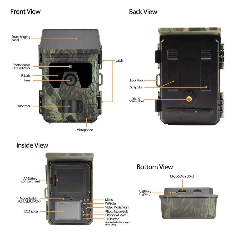 50MP 4K Solar Panel Hunting Camera with Infrared Night Vision for Wildlife Monitoring and Trail Recording