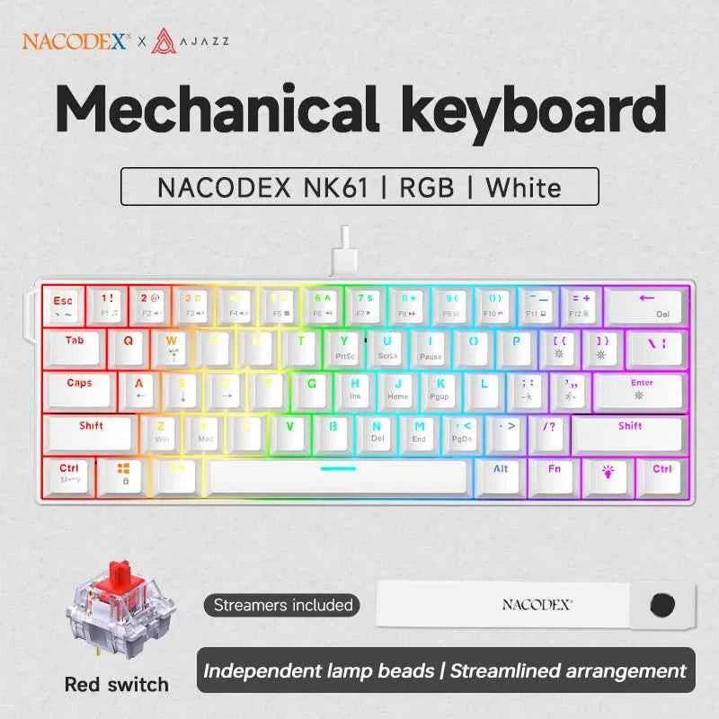 AJAZZ NK61 Wired Gaming Keyboard - 60% RGB Hot-Swappable Mini Mechanical Keyboard with 61 Keys and Red Switch for Gamers