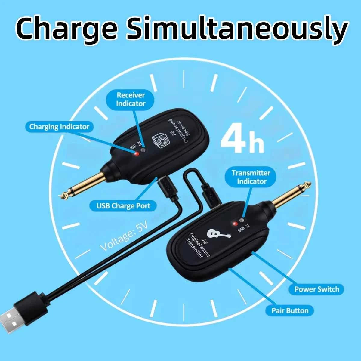 A8 Guitar Wireless System - Rechargeable Transmitter & Receiver for Electric Guitar and Bass