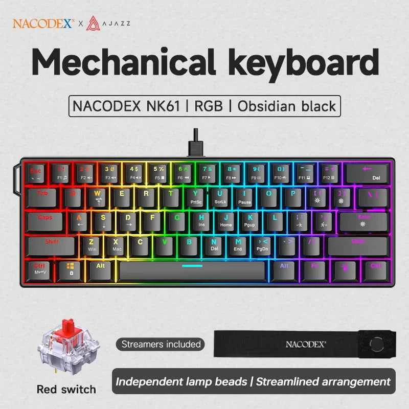 AJAZZ NK61 Wired Gaming Keyboard - 60% RGB Hot-Swappable Mini Mechanical Keyboard with 61 Keys and Red Switch for Gamers