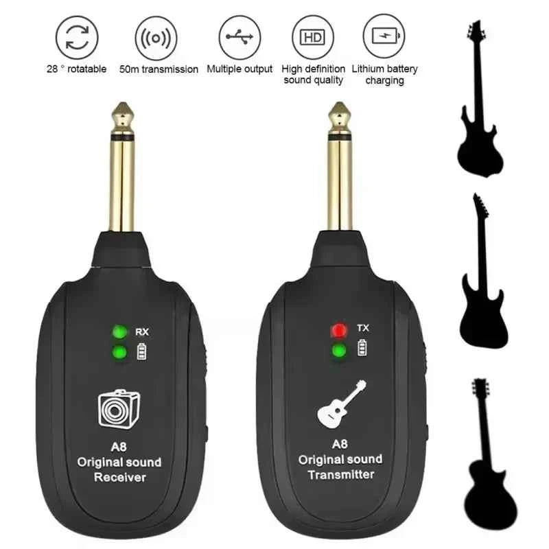 A8 Guitar Wireless System - Rechargeable Transmitter & Receiver for Electric Guitar and Bass