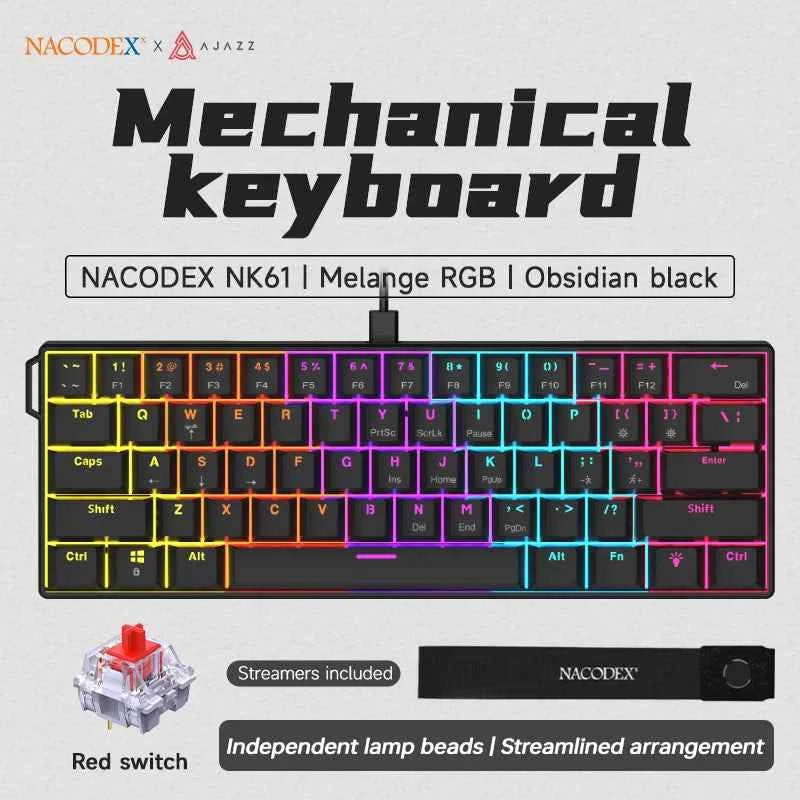 AJAZZ NK61 Wired Gaming Keyboard - 60% RGB Hot-Swappable Mini Mechanical Keyboard with 61 Keys and Red Switch for Gamers