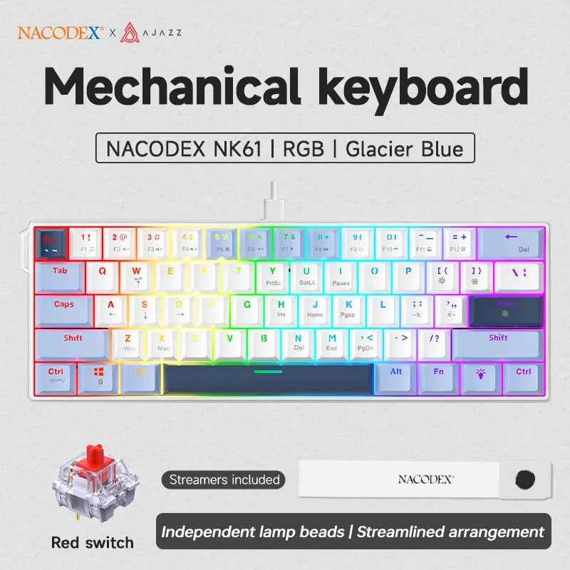 AJAZZ NK61 Wired Gaming Keyboard - 60% RGB Hot-Swappable Mini Mechanical Keyboard with 61 Keys and Red Switch for Gamers
