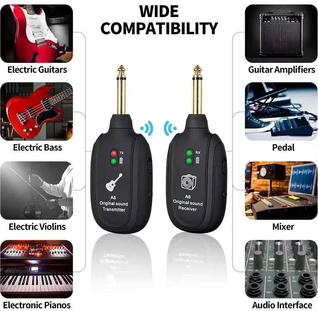A8 Guitar Wireless System - Rechargeable Transmitter & Receiver for Electric Guitar and Bass